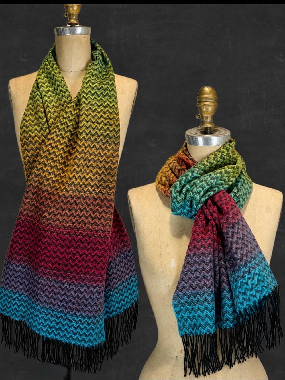 VINTAGE cashmere rainbow german scarf long wide fringe winter color fade Chevron